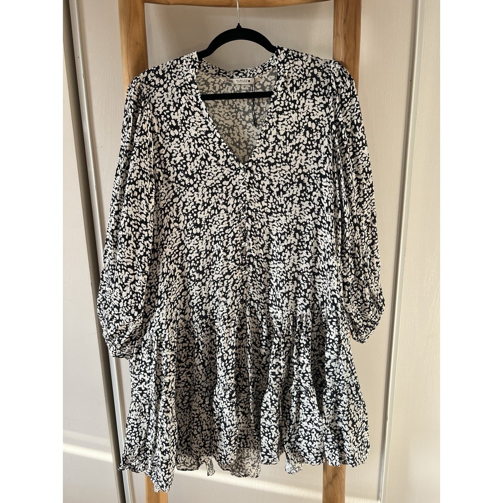 ZARA Womens Black/White Floral  V-Neck Long Sleeve Mini Dress S